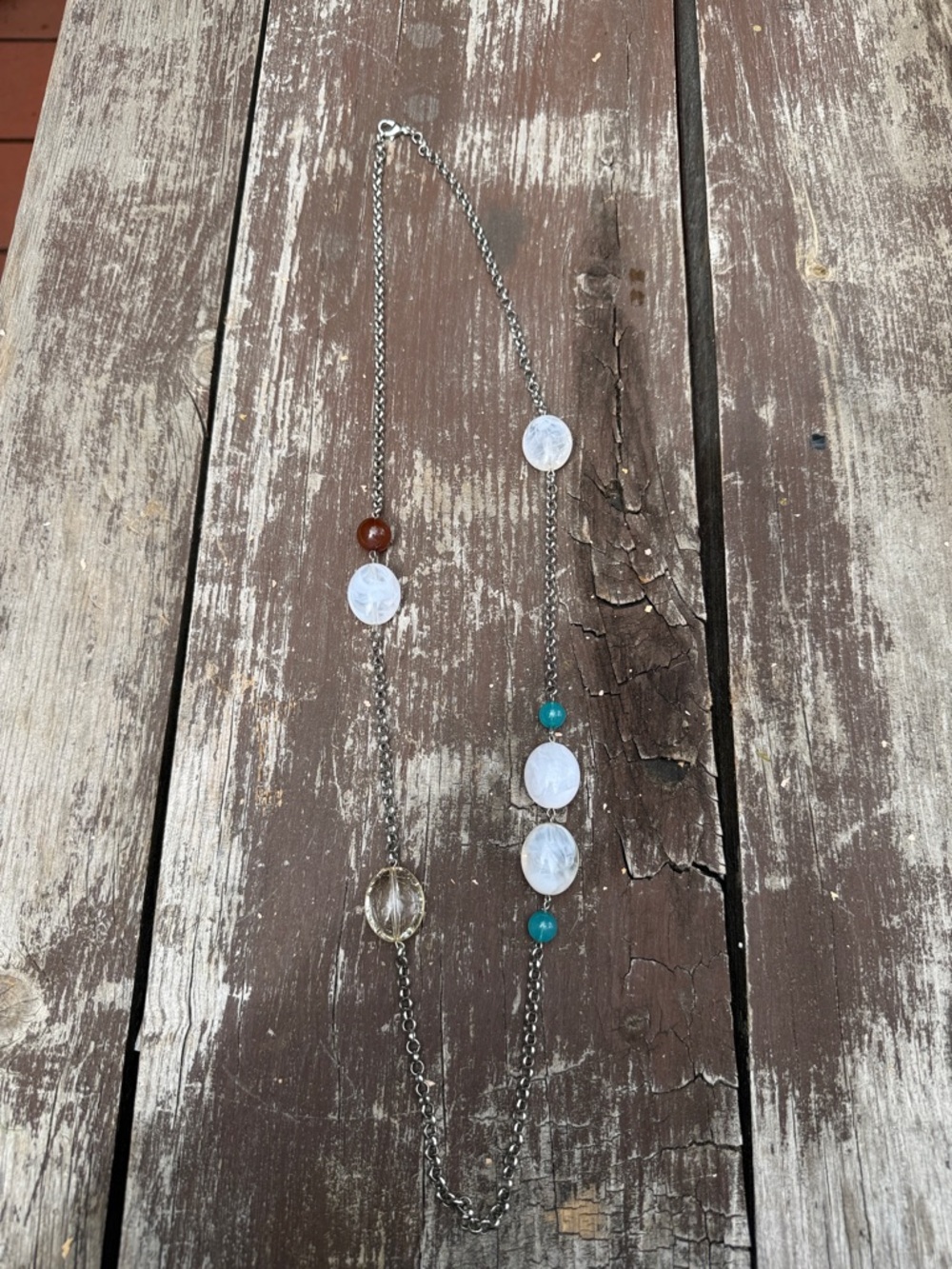 Delicate Multicolor Stone Pendant Long Necklace - White, Teal, Brown Accents